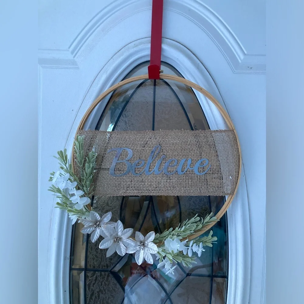 Handmade Believe Hoop Wreath, burlap and flowers, Christmas Wreath embroidery